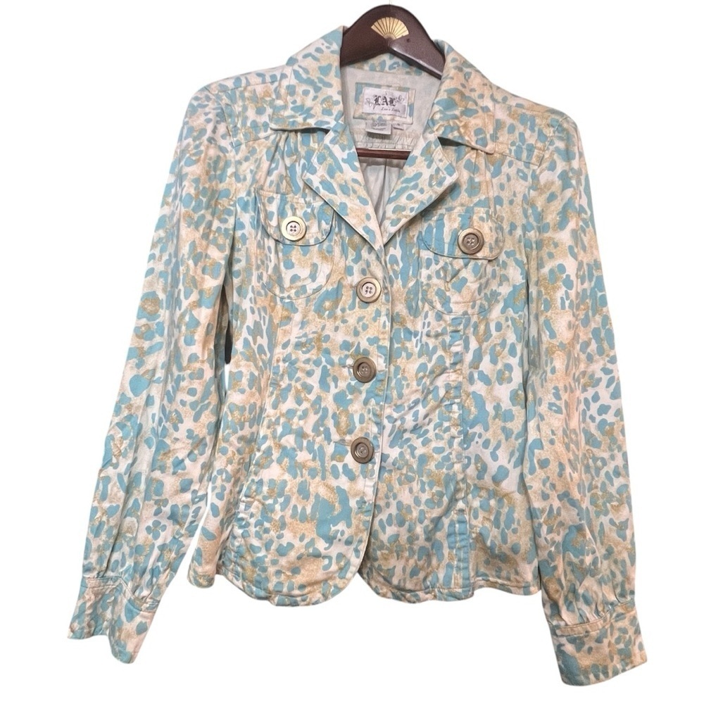 Live A Little Jacket White, Blue & Gold Leopard Print Fitted Size Small